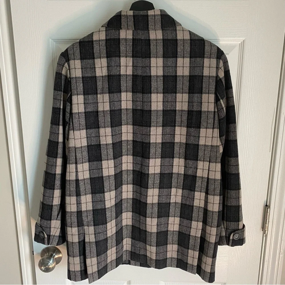 Talbots Petites Womens Lightweight Wool Blend Black/Gray/Beige Plaid Jacket Sz S